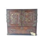 Lacquered miniature chinese chest with internal drawers and key. H39cm W45cm D25.5cm