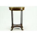 Period Oval bijouterie display table with bamboo style support and claw feet. Blue velvet lining wit