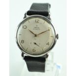 Omega automatic gents wrist watch 17 jewels, white bezel gold coloured numerals, leather strap. With