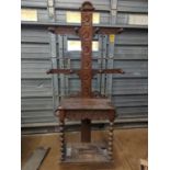 Heavily carved oak hall stand with lead drip trays (one cracked) H190 x W65 x D36cm (approx.)