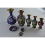 Five cloisonné vases, including a pair and two other cloisonné pieces, tallest 20cm