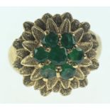 9ct gold and green stone cluster ring with leaf design, size O, gross weight 8.74 grams