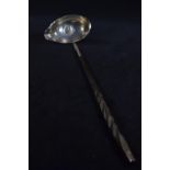 Georgian toddy ladle, the white metal bowl inset with a 1787 George III sixpence, the bowl engraved