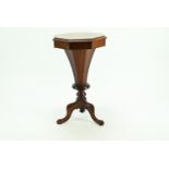 Mahogany 19c trumpet shaped sewing table with inlay to top of flowers in basket.  Top dia.42 H 74 cm