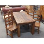 Chunky rustic hardwood dining table with six chairs W185 x D90cm