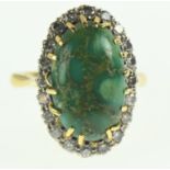 18ct gold, green turquoise & diamond cluster ring surrounded by 20 brilliant cut diamonds size N, gr