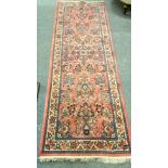 Hand finisher runner rug in soft red and blues with border design L 230 x 82 cm