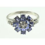 14ct white gold, tanzanite and diamond ring, size O, gross weight 3.69 grams