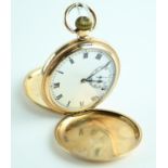 Gents gold plated full hunter pocket watch with initial F to front. British made with Moon trade mar