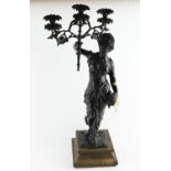 Late C19th bronze classical figural candelabra on wooden plinth, overall height 71cm