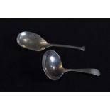 Two silver caddy spoons, including: Alice & George Burrows II London 1801 and maker's mark rubbed Ch