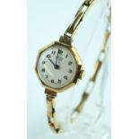 Vertex Revue 9ct 17 jewels ladies octagonal faced wrist watch with engraving to inside back, C&C 192