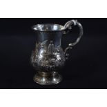 Victorian silver mug, John Kilpatrick, London 1869, embossed decoration of birds by a fountain midst