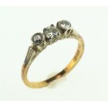 18ct gold, platinum and three stone diamond ring size P1/2, gross weight 3 grams