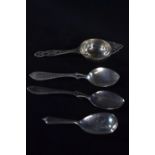 Pair of silver honey spoons, Roberts & Belk, Sheffield 1930 & 1931, initialled, together with a silv