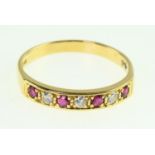 18ct gold, ruby and diamond half hoop ring, size S, gross weight 2.93 grams