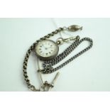 Silver ladies open face pocket watch with two albert chains. One short and one regular. Silver marks