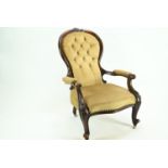Upholstered button back Victorian bedroom/ nursing chair with original castors. W68 D85 H100 cm appr