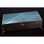 Silver and pale blue guilloche topped cigarette box, Albert Carter, Birmingham 1930, wood lined, 16.