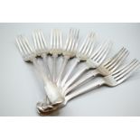 Matched set of Victorian silver fiddle and thread pattern dinner forks, including six by Joseph & Al