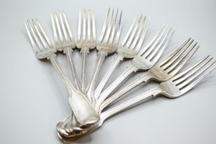 Matched set of Victorian silver fiddle and thread pattern dinner forks, including six by Joseph & Al