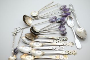 900 and 800 grade silver spoons, an 84 zolotnik Russian silver coffee spoon and various white metal