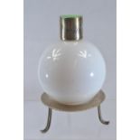 Green enamel silver topped globular opaque glass scent bottle, silver hallmarked Albert Carter, Birm