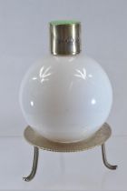 Green enamel silver topped globular opaque glass scent bottle, silver hallmarked Albert Carter, Birm