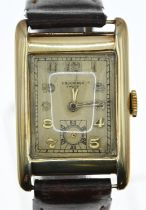 Bucherer 14ct gold rectangular cased watch, with subsidiary seconds, 15 jewels, the face, inside cas