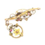 9ct gold brooch floral and 9ct gold pendant with floral and leaf detail, set with paste stones
