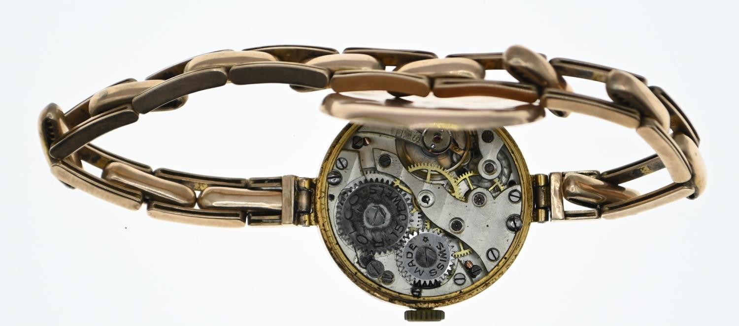 9ct gold cased Rolco wristwatch on 9ct gold sprung strap, diameter of face 24mm, gross weight 21.68  - Image 3 of 4