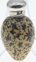 Late Victorian novelty porcelain and silver mounted scent bottle in the form of a quail egg, with co
