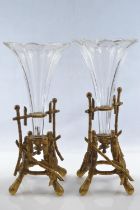 Two glass vases in gilt bamboo four footed stands, tallest 26cm