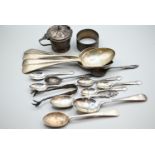 Collection of silverware, various maker's and dates, including four dessert spoons, three teaspoons,