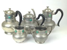 Ashberry arts & crafts Hammered pewter with ceramic detail five piece tea & coffee set Tallest H21cm