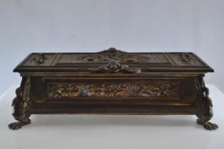 Elkington & Co. ornate plated casket with classical style relief. 29cm wide x 12cm deep x 9cm high