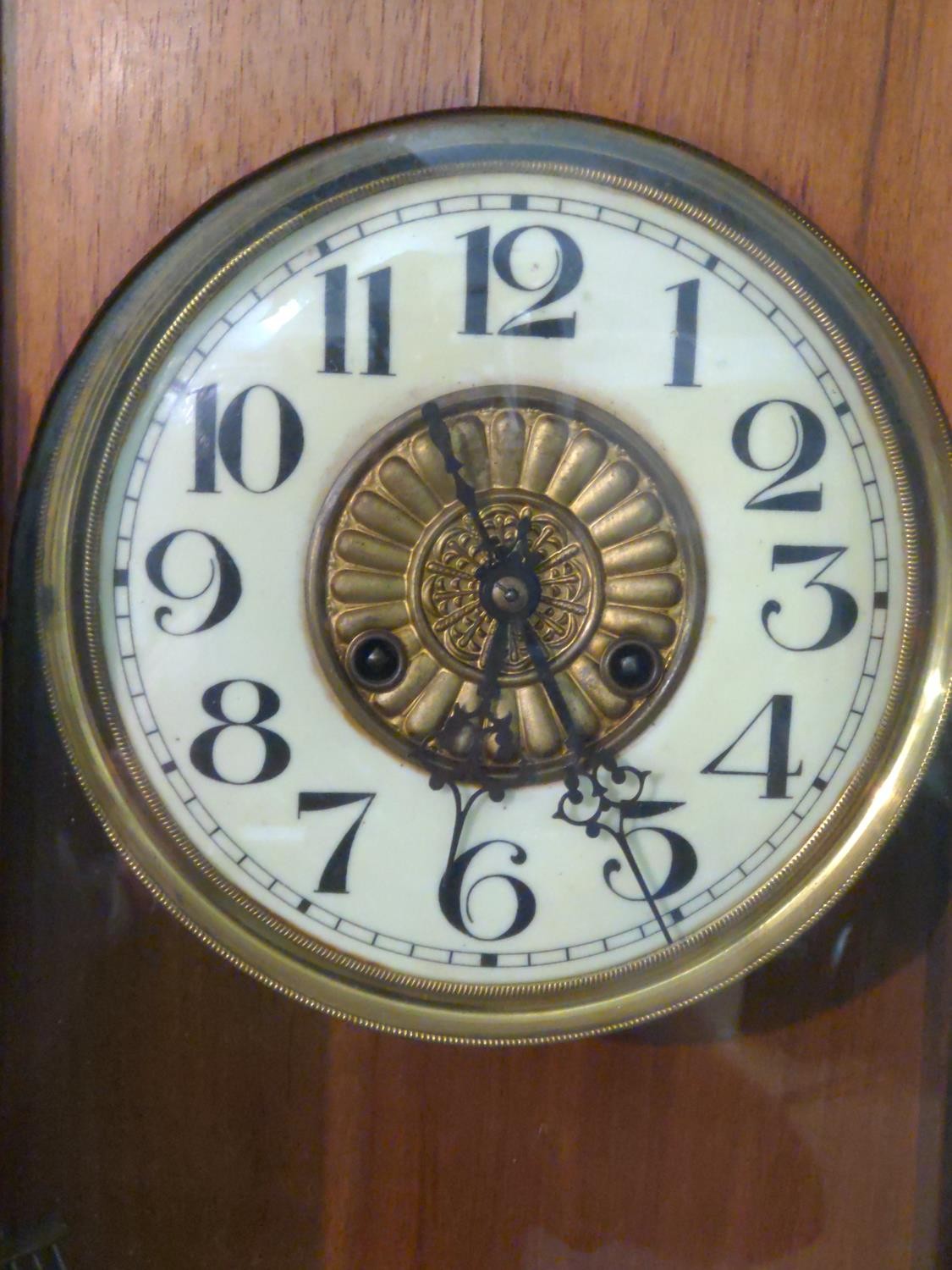 19th/20th century German style wall clock. Ceramic face with brass surround and brass pendulum with  - Image 2 of 5