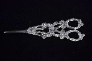 Pair of silver grape scissors, Asprey & Co Ltd, London 1977, with ornate vine design handles, 88.6 g