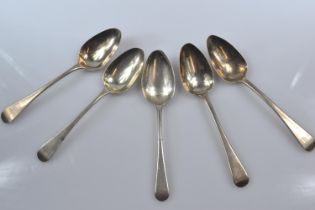 Five George III silver fiddle pattern dessert spoons, London various London makers and dates, termin