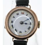 9ct gold cased ladies wristwatch with enamel face, dia. 26mm, on leather strap, gross weight 17.3 gr