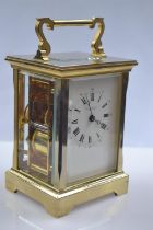 Brass plated and glass 8 day striking carriage clock by W.Wray and Co. Plymouth, W10 x D8.5 x H17cm,