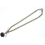 9ct gold watch chain with T bar and fob. Fob set with bloodstone and agate. length 370mm. Gross weig