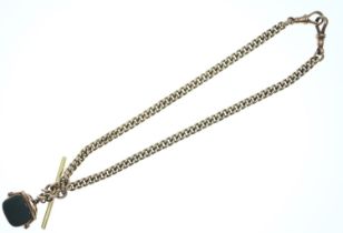 9ct gold watch chain with T bar and fob. Fob set with bloodstone and agate. length 370mm. Gross weig