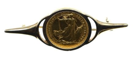 Gold ten pound coin, 1996, mounted in a yellow metal brooch (tests for 9ct gold), gross weight 6.43