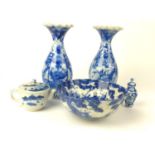 Five pieces of Japanese blue & white ceramics inc. vases, bowl etc. Largest H24cm