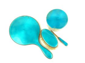 Four pieces of silver and turquoise guilloche dressing table set, Birmingham hallmarks rubbed, inclu