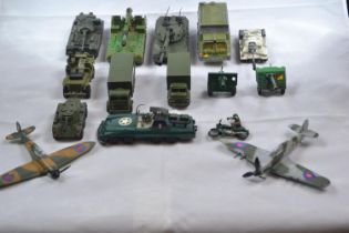 Collection of military toy vehicles Inc. Corgi & Dinky Tanks, planes, guns + other vehicles