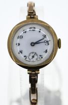 9ct gold cased ladies watch on 9ct gold sprung link strap, subsidiary seconds and enamel face dia. 2