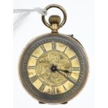 14ct gold cased ladies French pocket watch with brass internal cover, face dia. 32mm, gross weight 2