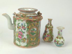 Three pieces of Chinese ceramics inc. two small vases and teapot H17cm